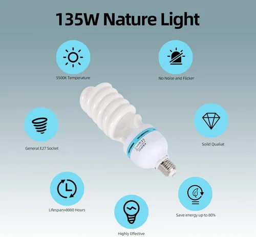 Miniatura 2 de Bombilla de 135 W 5500 K CFL Bombilla espiral de luz diurna en enchufe E27 para fotografía, fotografía, video, estudio, iluminación, blanco, 1 1