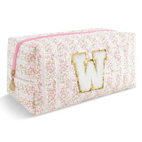 Miniatura 51 de Pequeña bolsa de maquillaje personalizada con inicial A-Z Preppy Patch, bolsa de cosméticos de viaje de felpilla blanca con cremallera, bonita bolsa