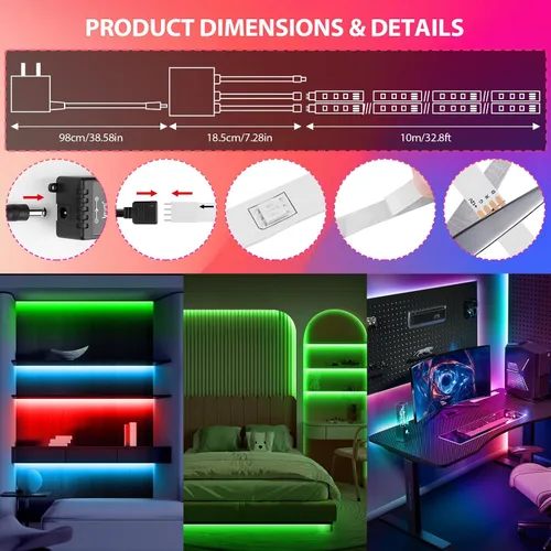 Miniatura 2 de Tiras de luces LED de 65.6 pies (2 rollos de 32.8 pies), tira de luces RGB que cambia de color 5050 con control remoto IR de 40 teclas, luces