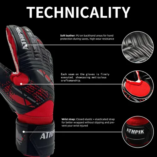 Miniatura 3 de Guantes de portero con protección de dedos profesionales, agarre fuerte para los salvamentos más duros, protección para prevenir lesiones, Negro &
