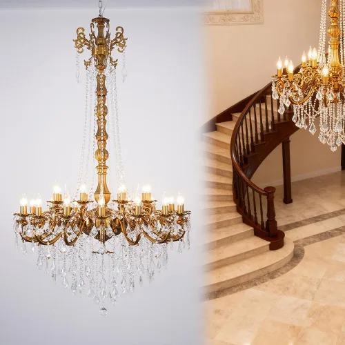 Miniatura 10 de Candelabros de cristal de bronce antiguo de lujo con lámpara colgante de vela, lámpara de techo de 6 luces de cristal dorado para comedor, sala