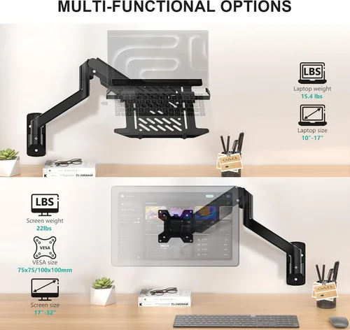 Miniatura 3 de WALI Soporte de pared para laptop, brazo de laptop totalmente ajustable para portátiles de 10 a 17 pulgadas, soporte de pared para monitor 2 en 1