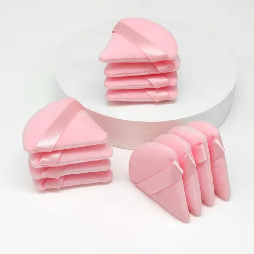 Miniatura 6 de 12 bolsas de polvo cosmético rosa, 2.76 pulgadas, portátil, suave, esponja, para la cara, soplo de terciopelo triangular con asa de cinta para polvo