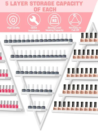 Miniatura 5 de Lorvain - 10 estantes de almacenamiento de esmalte de uñas de metal para montaje en pared, 5 niveles, color blanco, triangular, vitrina