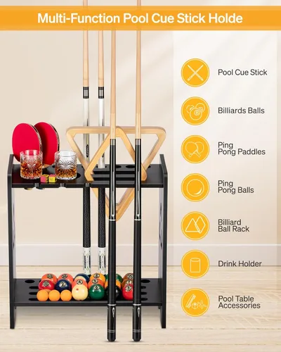 Miniatura 2 de Soporte para tacos de billar - Soporte de pie para mesa de billar de madera maciza de roble con capacidad para 9 tacos y organizador de accesorios