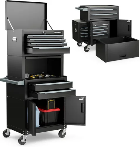 Miniatura 9 de IRONMAX Cofre de herramientas rodante, 2 en 1 ampliado de acero resistente con 6 cajones con caja de herramientas superior bloqueable y 4 ruedas