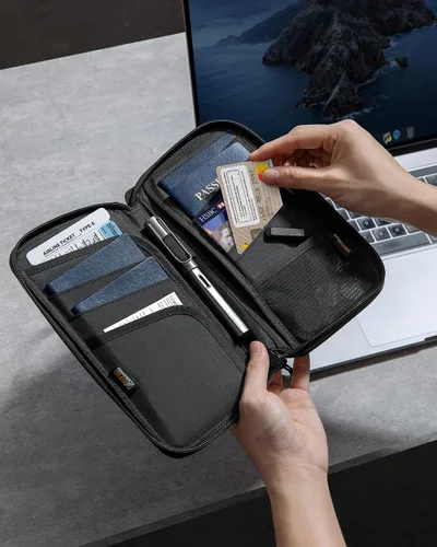 Miniatura 6 de tomtoc Soporte para pasaporte familiar con un soporte para tarjeta SIM y pasador de expulsión, cartera de viaje con bloqueo RFID y tarjetero