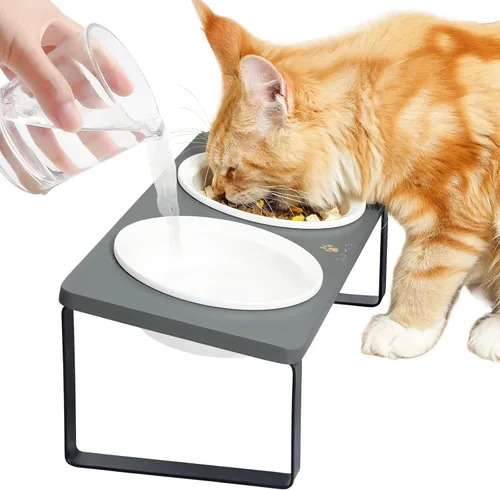 Miniatura 8 de Sunhoo Cuencos elevados de cerámica para gatos, platos elevados para cachorros para alimentos y agua, soporte de madera inclinado para gatos
