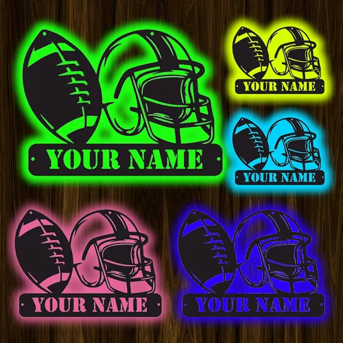 Arte de pared de fútbol personalizado con luz LED de 16 colores, letrero de nombre de jugador de rugby personalizado para sala de estar, decoración