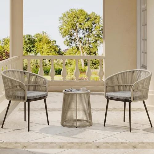 Miniatura 11 de East Oak Juego de 3 piezas para patio bistró, juego de conversación de patio con 2 sillas ergonómicas anchas, cojines y mesa auxiliar de cristal