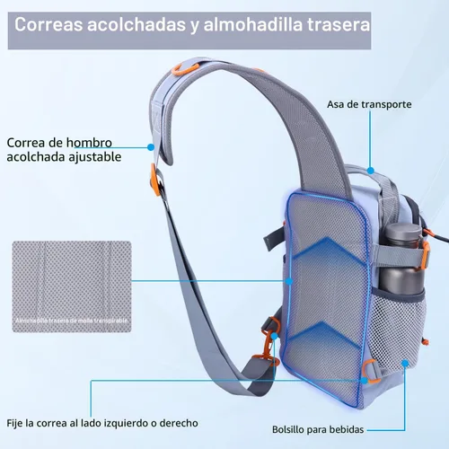 Miniatura 7 de Mochila de pesca con cajas de aparejos, bolsa de hombro de pesca impermeable con soporte para caña, bolsa de pescado con kit de 136 señuelos de Gris