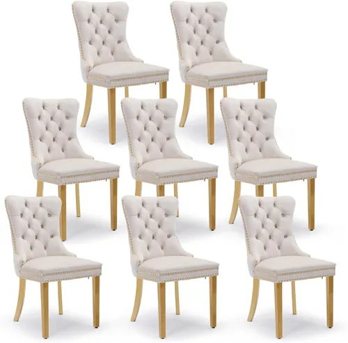 Miniatura 37 de Juego de 4 sillas de comedor de terciopelo, sillas de comedor tapizadas con ribete de cabeza de clavo y patas de madera maciza para cocina