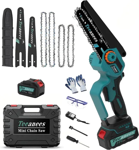 Miniatura 9 de Mini motosierra eléctrica inalámbrica de 8 pulgadas, sin escobillas de 1200 W, con 2 baterías de 4000 mAh y 4 cadenas, motosierra 2 en 1 de doble