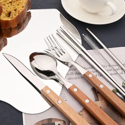 Miniatura 7 de JASHII Juego de cubiertos reutilizables de viaje, juego de cubiertos de acero inoxidable 304 con mango de madera, palillos y pajitas con diseño
