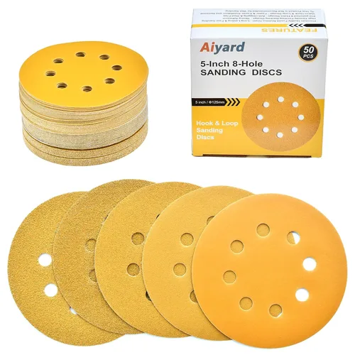 Discos de lija de 5 pulgadas, 8 agujeros, gancho y bucle, granos surtidos 60/80/120/220/400, disco de lija dorado para lijadora orbital, paquete de