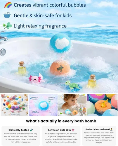 Miniatura 4 de Bombas de baño de regalo para niños a partir de 3 años, diseño de arcoíris salpicado, juego de regalo de tesoro de burbujas naturales con burbujas