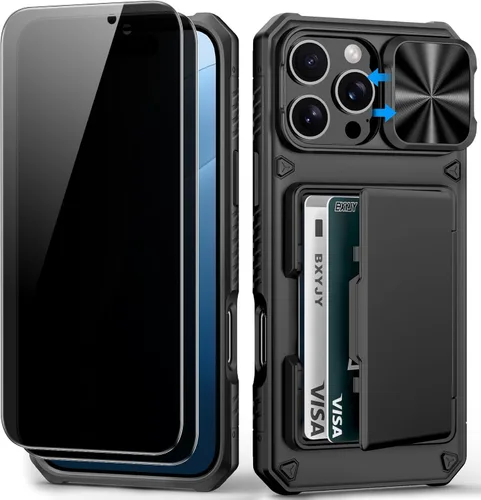 Miniatura 73 de BXYJY Funda tipo cartera para iPhone 15 Pro con tarjetero (4-5 tarjetas) y cubierta deslizante para cámara y soporte, protección contra caídas