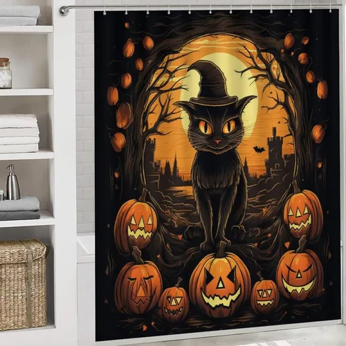 Miniatura 5 de Juego de 4 cortinas de ducha de Halloween, gato negro, luna llena, calabaza aterradora, cortina de ducha y alfombras, juego de cortina de ducha