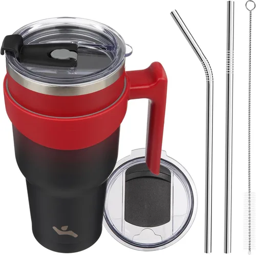 Miniatura 11 de Konokyo - Vaso de 10 onzas con asa y 2 popotes, 2 tapas, botella de agua aislada de acero inoxidable, taza de viaje reutilizable, color verde militar