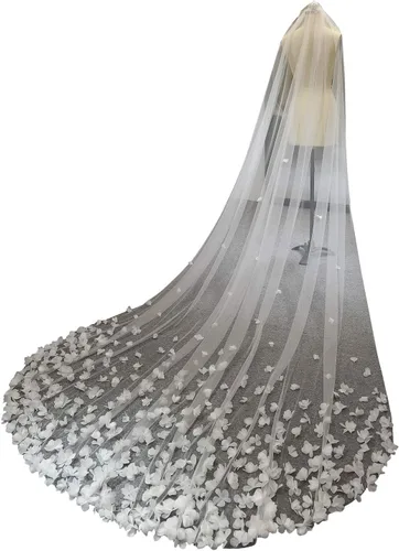 Miniatura 4 de Velo de novia largo velo de novia flores 3D encaje floral blanco velo lujoso para novia con peine catedral boda