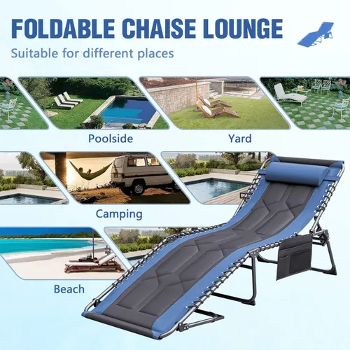 Miniatura 7 de Devoko Silla reclinable plegable portátil acolchada de 4 pliegues para exteriores de servicio pesado con almohada y bolsillo lateral para patio, Azul