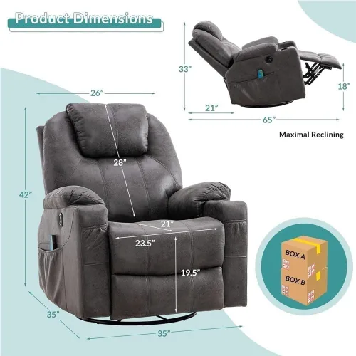 Miniatura 2 de Electric Swivel Rocker Recliner with Massage & Heat Power Reclining Lounge Chair with Remote, Cup Holders, USB Ports Oversized Gray Glider Recliner