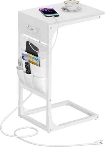 Miniatura 24 de TUTOTAK - Mesa auxiliar en forma de C, mesa lateral para sofá, mesa de sofá con bolsa de almacenamiento, bandeja para TV para sala de estar, Negro