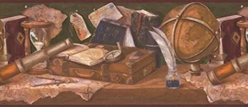 CONCORD WALLCOVERINGS ™ Papel pintado clásico medieval con borde con brújula globo reloj de arena y libros, colores marrón, dorado, negro, rojo,