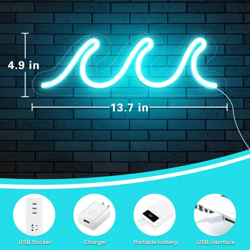 Miniatura 6 de Letreros de neón ondulados para dormitorio, letreros de neón LED azul hielo para decoración de pared, luces nocturnas alimentadas por USB