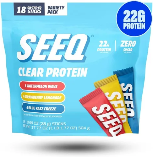 SEEQ Paquete de Muestra de Polvo de Proteína Transparente - 18 Bastones Para Llevar - 22g de Aislado de Proteína de Suero Transparente - Cero Azúcar