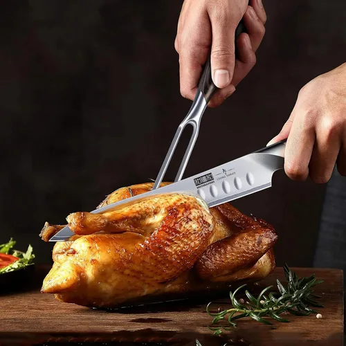 Miniatura 5 de HOSHANHO Juego de cuchillo de rebanar de 8 pulgadas y tenedor de 7 pulgadas, juego profesional de cuchillo de carnicero de acero de alto carbono