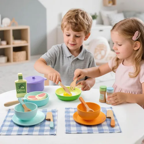 Miniatura 7 de Accesorios de cocina para niños, juego de cocina de madera para niños pequeños, 22 piezas, juego de comida para niños con ollas y sartenes, juguetes