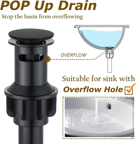 Miniatura 5 de Grifo de baño estilo romano de lavabo negro mate de un solo agujero con montaje en cubierta, drenaje emergente con placa de cubierta y Mate negro