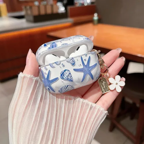 Miniatura 4 de MINSCOSE Compatible con AirPods Pro de 2ª/1ª generación, bonito diseño de patrón de conchas y estrellas de mar con llavero, funda protectora de TPU
