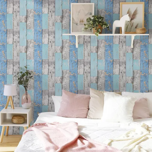Miniatura 8 de Caltero Papel tapiz de tablones de madera de 17.71 pulgadas × 98.4 pies, papel tapiz de madera envejecida azul para despegar y pegar, papel tapiz