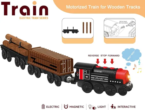 Miniatura 2 de Tren motorizado para pista de madera, juego de 3 piezas de tren de juguete para niños y niñas de 3, 4, 5+ años, tren con batería compatible
