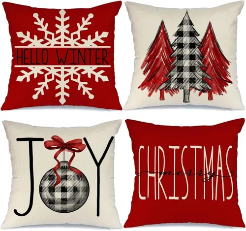 Miniatura 12 de GEEORY Juego de 4 fundas de almohada de Navidad de 18 x 18 pulgadas para decoraciones de Navidad, árbol de Navidad, alegría, nieve, Navidad feliz