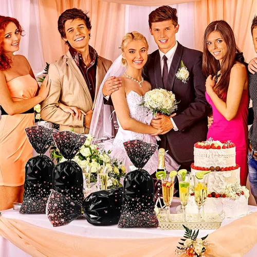 Miniatura 7 de 100 bolsas de celofán de color negro y oro rosa de 10.8 x 5 pulgadas, bolsas de plástico para fiestas, bolsas de dulces con 100 lazos dorados