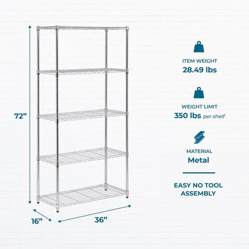 Miniatura 3 de Honey-Can-Do Estantes ajustables de 5 niveles resistentes, estante de almacenamiento de metal con capacidad de 350 lb, cromado, 16 pulgadas de ancho