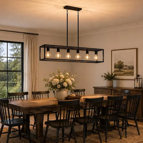 Miniatura 5 de Iluminación negra para isla de cocina, moderna lámpara rectangular de jaula lineal, 3 luces, lámpara colgante de metal industrial para granja