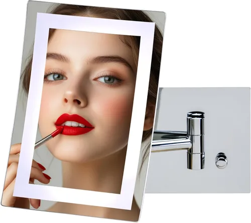 OVENTE Espejo de maquillaje iluminado rectangular montado en la pared con aumento 7X, adaptador de CA, espejo de tocador de baño de 7 pulgadas,