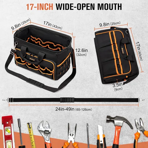 Miniatura 6 de Bolsa de herramientas de 17 pulgadas para electricistas para hombres, bolsa de herramientas resistente de 46 bolsillos, bolsa de herramientas HVAC