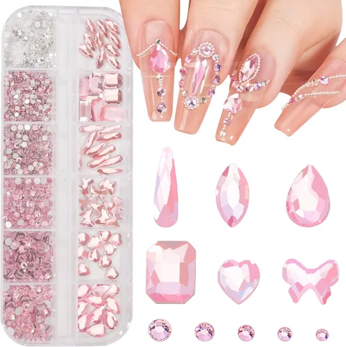 Kit de diamantes de imitación de cristal 3D rosa claro multiformas para uñas, mezcla de 0.031 in, cuentas redondas plateadas para uñas, gemas de