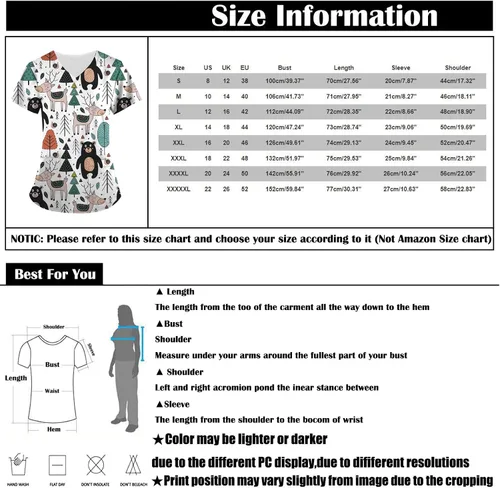 Miniatura 3 de Women's Working Uniform Shirts Short Sleeve V Neck Tunic Tops Comfy Cartoon Print Workwear Blouses Tee with 2 Pockets