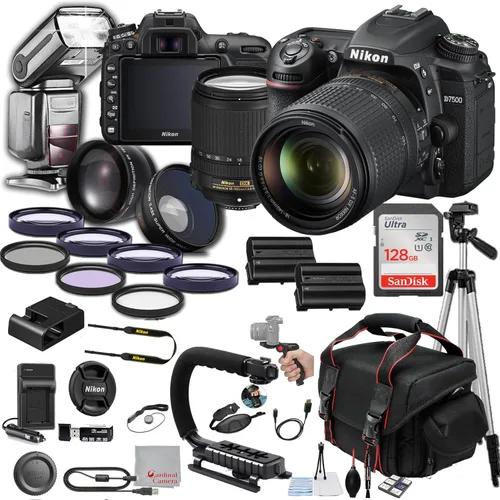 Nikon Cámara D7500 DSLR con lente de 0.709-5.512 in 20MP, memoria de 128GB, TTL Pro Flash, filtros, lentes, funda, trípode, agarre y más - Paquete