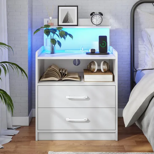 Miniatura 10 de Mesita de noche LED con estación de carga, mesita de noche con 2 cajones y almacenamiento abierto, mesa de noche con luces LED, mesa auxiliar Negro