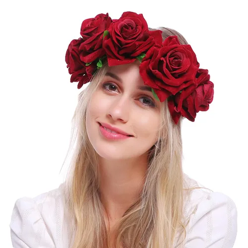 Miniatura 2 de Corona de rosas para mujer, diadema de festival, corona floral, Luau hawaiano, accesorios para fotos de fiestas y festivales (naranja)
