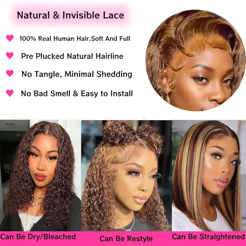 Miniatura 3 de Peluca rizada de 12 pulgadas estilo Bob, de pelo humano, onda profunda 13x4, encaje frontal de alta definición, para mujeres negras; pelo humano
