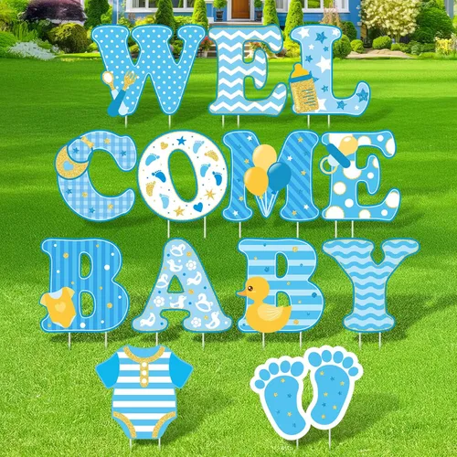 13 piezas de señalización de patio para fiesta de bebé "bienvenida bebé" con estacas, señal de césped de niña o niño de 15 pulgadas de altura, Azul
