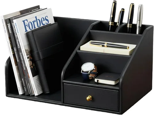 KINGFOM Organizador de escritorio de piel sintética, organizador de escritorio multifunción con 6 compartimentos y accesorios para suministros de